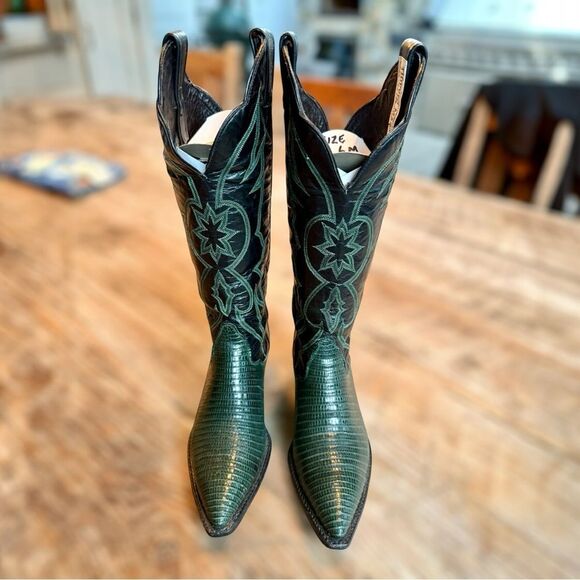 Vintage Tony Lama Lizard Skin
Cowboy Boots - Forest Green & Black Size 6 - Picture 1 of 13